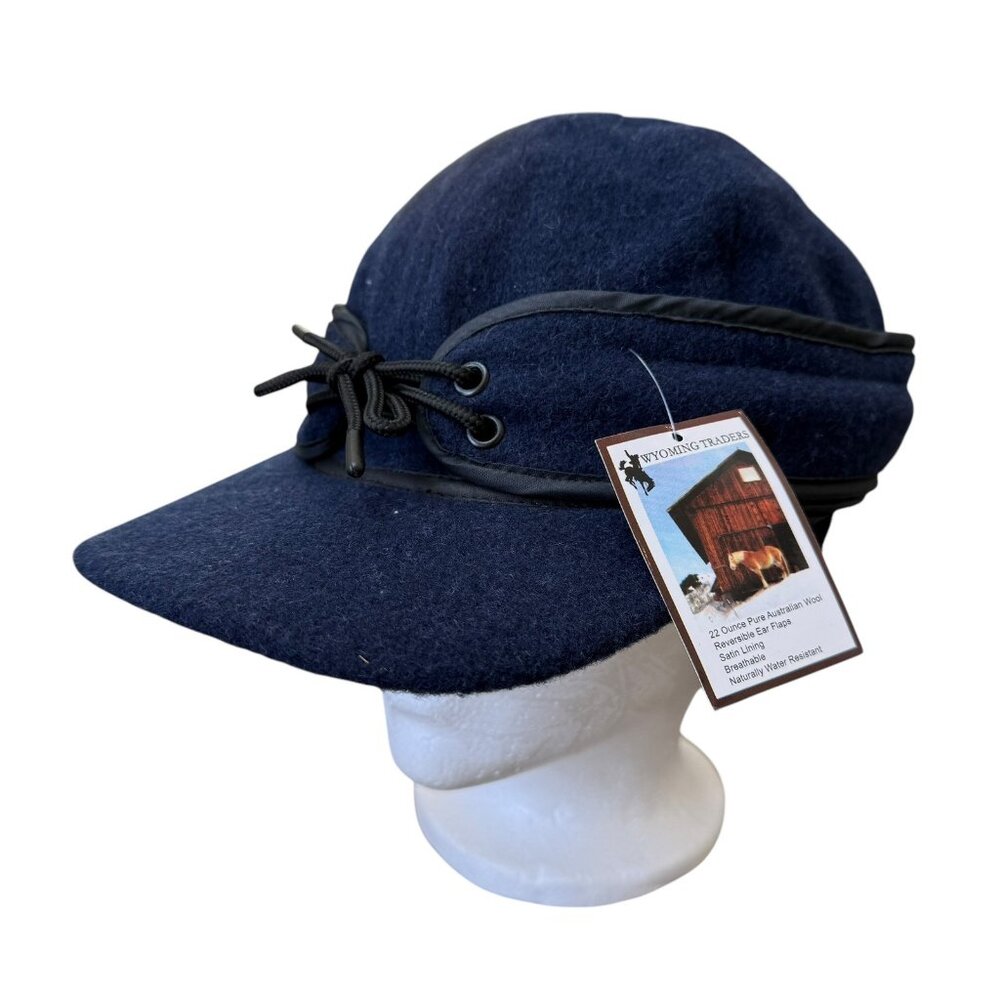Wyoming Traders Mackenzie Wool Hat Reversible Ear Flaps Australian Navy Sz 7 1/2